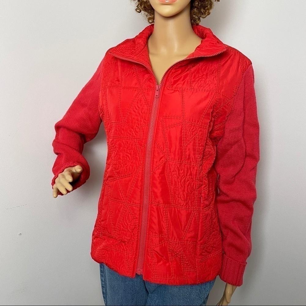 Coldwater Creek Grannycore Sweater Jacket – Quilted Front – Zip Up – Red – Size